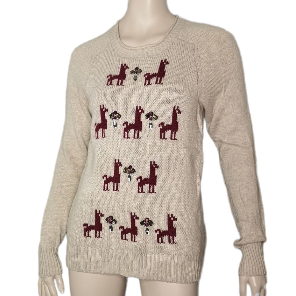 J Crew Factory Women's Holiday Llama Crew Neck Sweater Jewels Wool Blend Medium